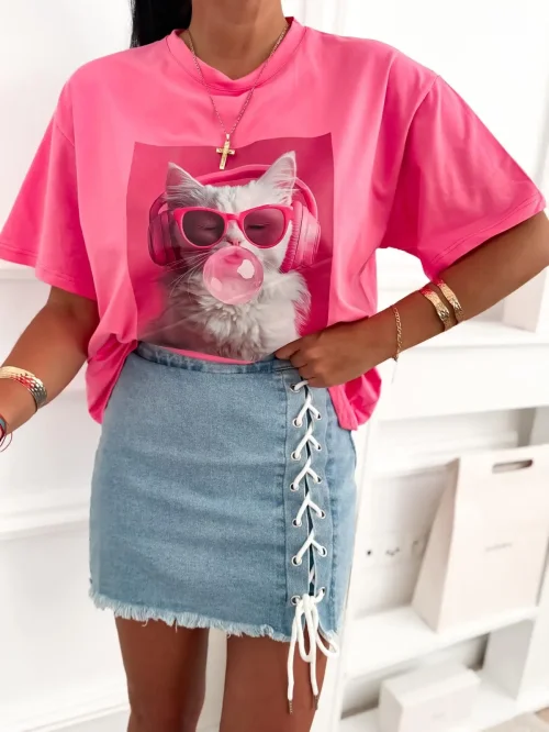 T-shirt damski oversize z nadrukiem kota i okularami